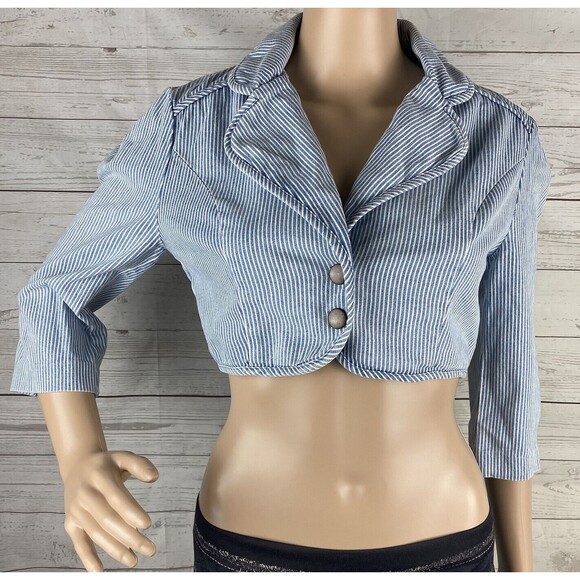 Forever Twentyone Boutique Cropped Jacket Small Blue White Striped Denim Unique - Picture 1 of 12